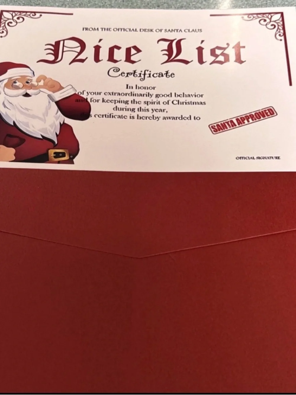 Santa Claus Nice List Certificate Christmas Award cards